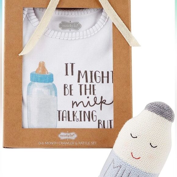 Mudpie 0-6 mos “Milk” Crawler - 2 Piece Set with Crochet Milk Bottle Rattle - Picture 3 of 7